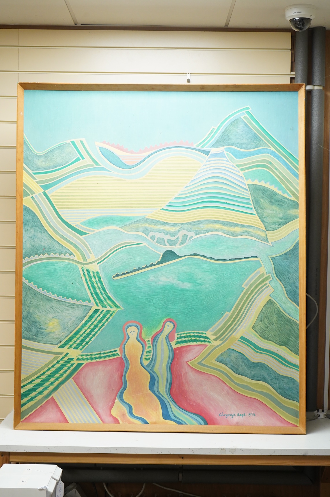 Andrew Chrysafi (b.1938), surreal landscape with two figures, signed and dated Sept. 1973, oil on canvas, 121 x 99cm